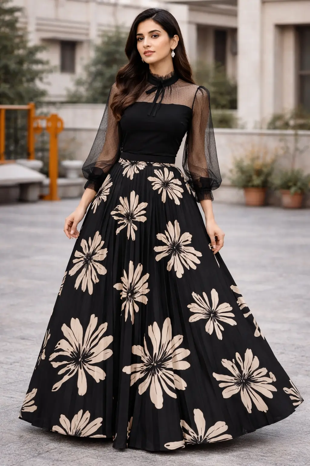 Black floral maxi skirt for pakistani women