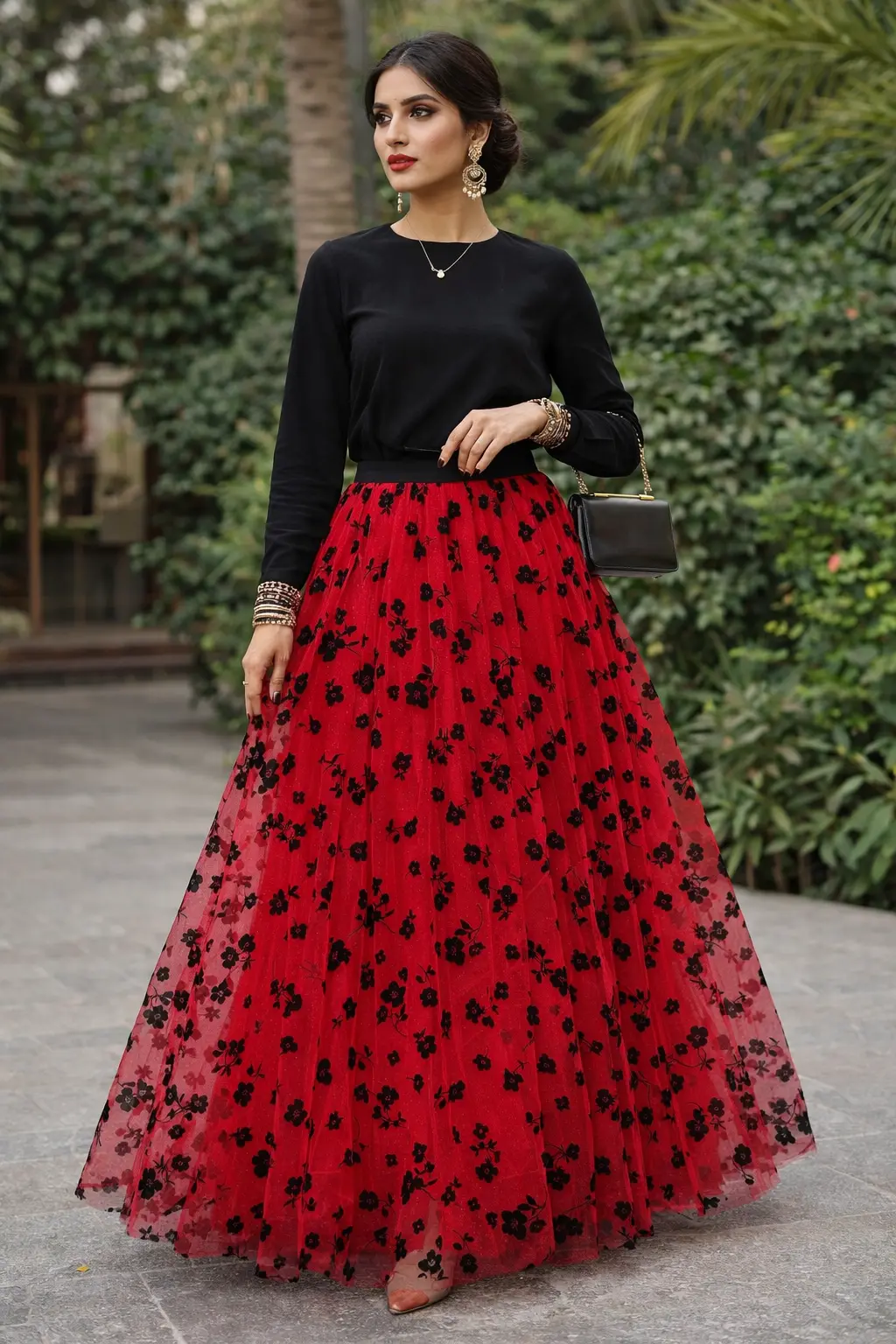 Red floral maxi skirt