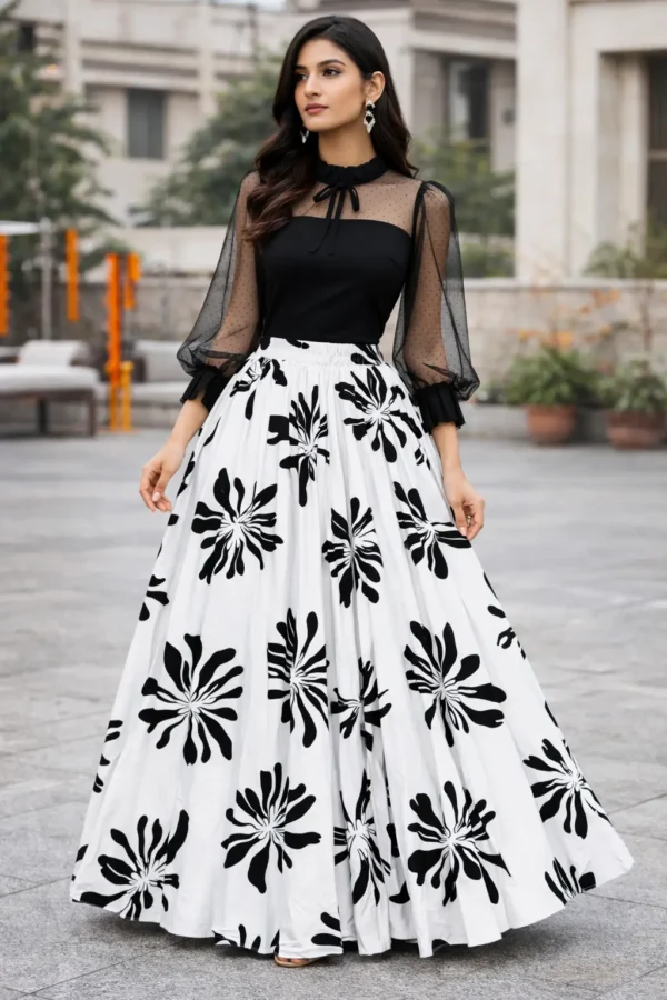 White and black floral skirt for women