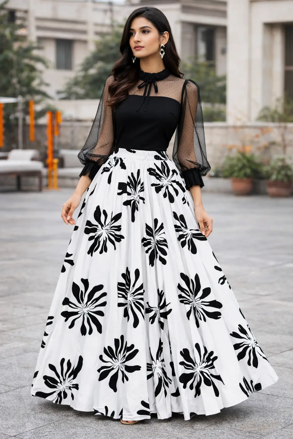 White and black floral skirt for women