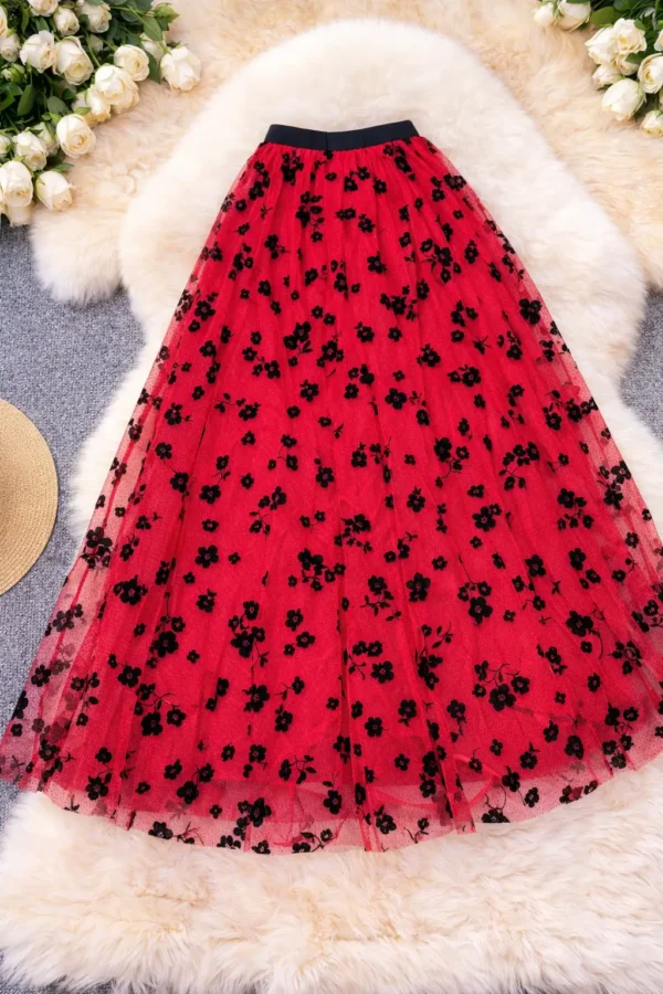 Womens Red Floral Maxi Skirt for Eid