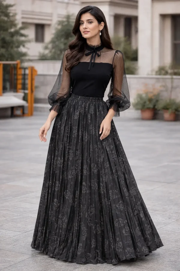 Beautiful black floral pleated skirt for women
