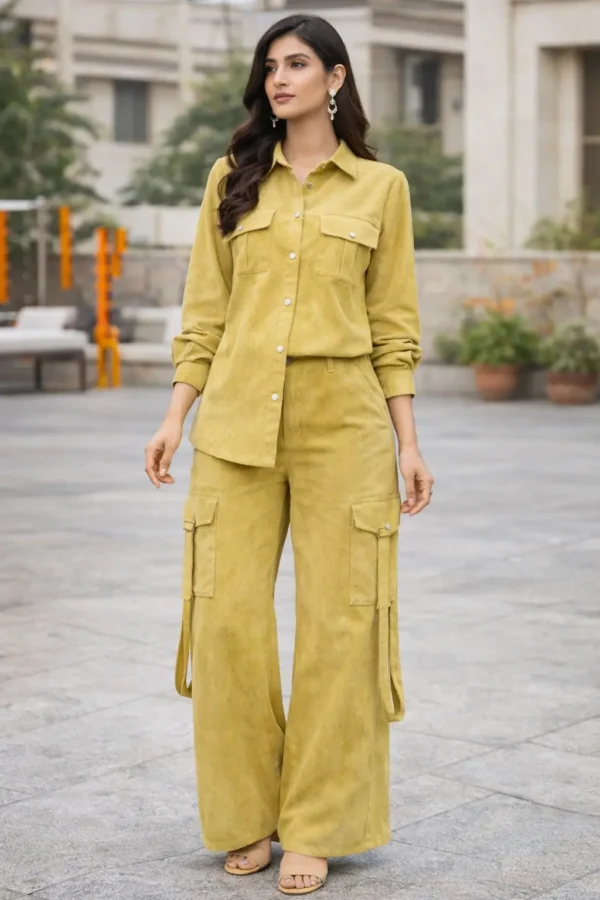 Yellow Color - Long Sleeve Button Down Corod with Cargo Wide Leg Pants