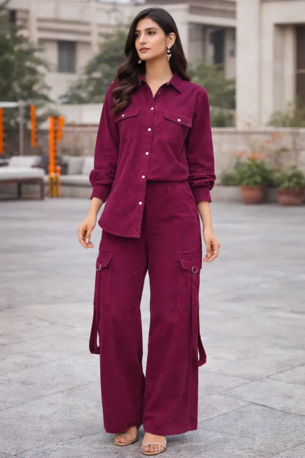 Dark Purple - Two Piece Co-Ord Set with High Waisted Trouser